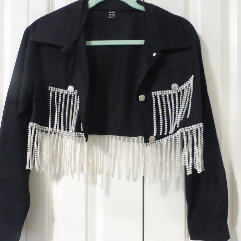 SHEIN black button up jacket with tons of sparkly rhinestones decor